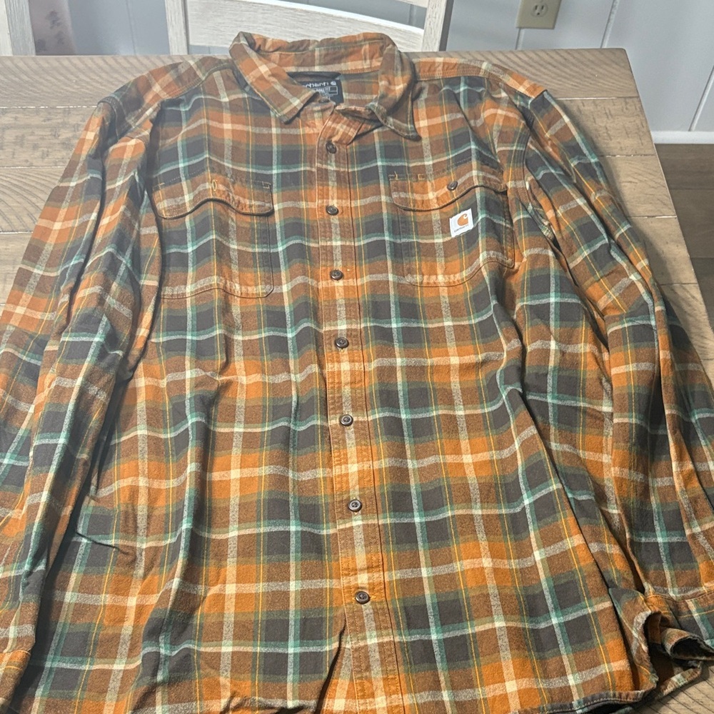 Carhartt Men's Brown and Orange Plaid Shirt